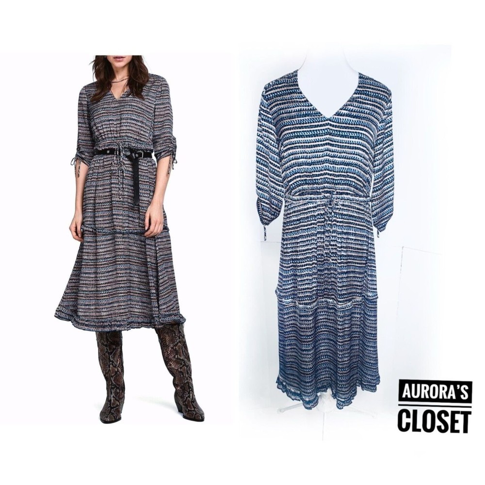 Scotch & Soda S Blue Journee Au Soliel Dress 3/4 Sleeve Silky Sheath Stripe $279